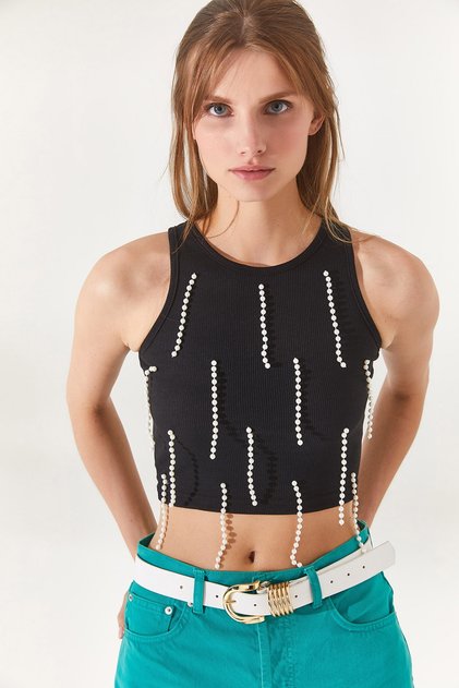 Women's Black Beaded Ribbed Crop Blouse BLZ-19002298