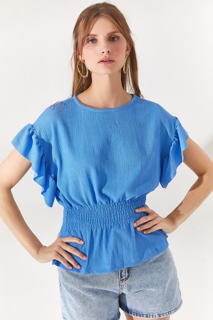 Women's Blue Bat Blouse with Elastic Waist and Frilly Sleeves BLZ-19002201