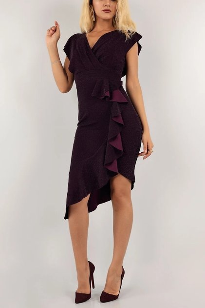 New Season Purple Color Flounce Double Breasted Collar Glitter Evening Dress 76313