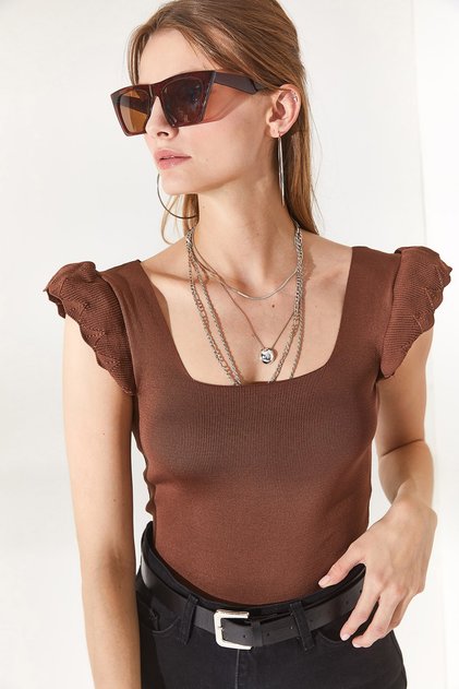 Women's Bitter Brown Sleeve Ruffled Summer Knitwear Blouse BLZ-19001035