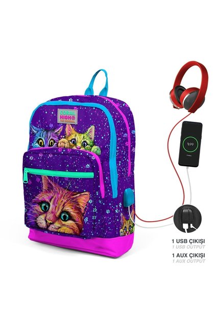 Kids Purple Pink Cat Patterned Four Compartment USB School Backpack 23832