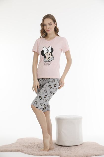 T-shirt Capri Pajama Set Mickey Mouse Patterned Combed Fabric
