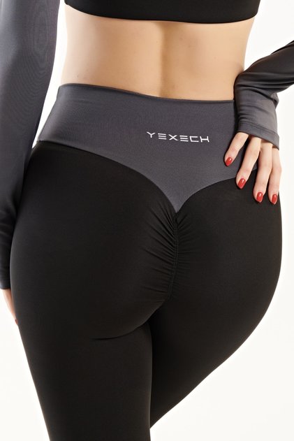 Kadın Siyah Yüksek Bel, Esnek, Toparlayıcı, Büzgülü Push-up Spor Tayt - Connection Serisi