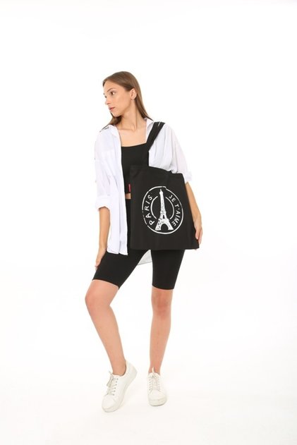 Black Cloth Bag Eiffel Tower Printed