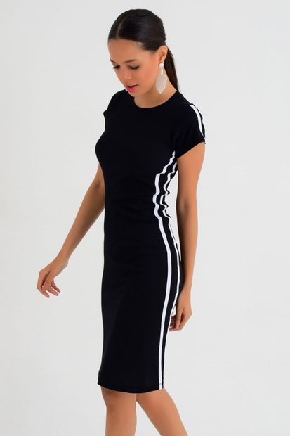 Cool & Sexy Kadın Siyah Yanı Şeritli Kaşkorse Elbise NA6886 - 1