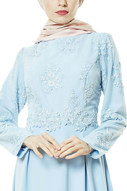 Fashion Night Kadın Güpürlü Abiye Elbise Buz Mavisi 4179-14 - 4