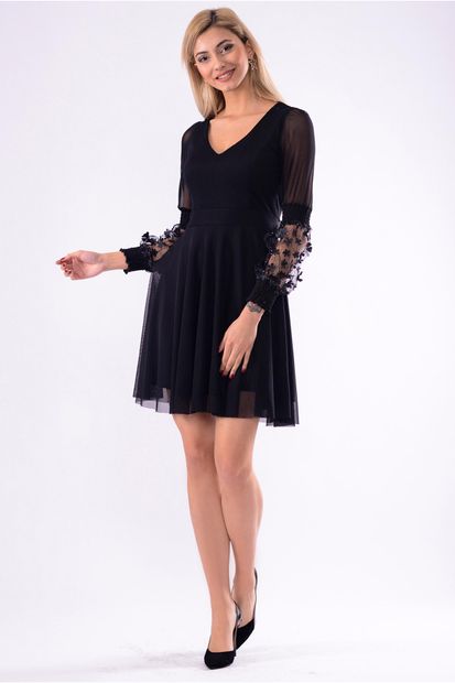 İroni Kadın Sıyah Lazer Çiçekli Tül Mini Elbise 5240-1240 - 1