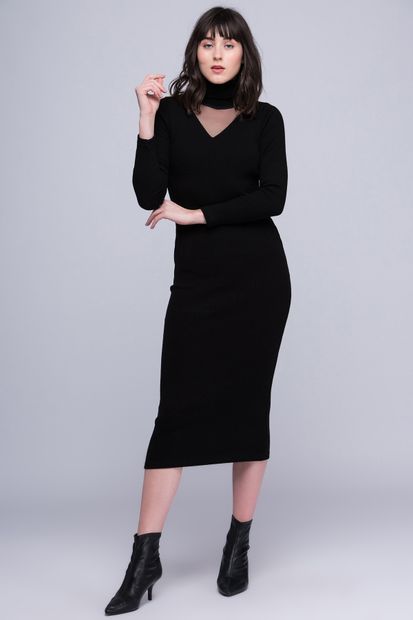 boutiquen Kadın Siyah Tül Garnili Uzun Triko Elbise EL-1032 - 1