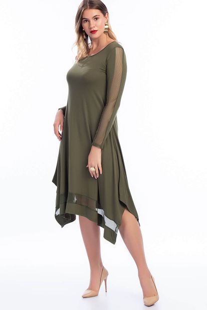 Şans Kadın Haki Kol Ve Etek Ucu File Detaylı Elbise 65N8512 - 1