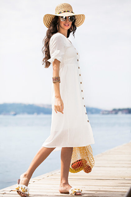 Happiness İstanbul Kadın Beyaz Kolları Bağcıklı Düğmeli Astarlı Elbise NT00227 - 2