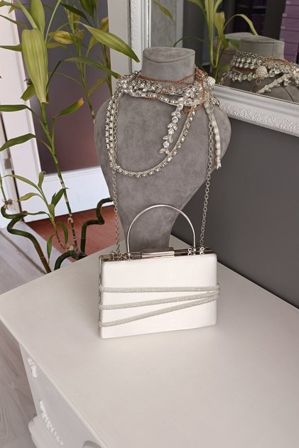 Mother of Pearl Satin Handle Chain 3 Rows Corduroy Stone Evening Dress Women's Bag