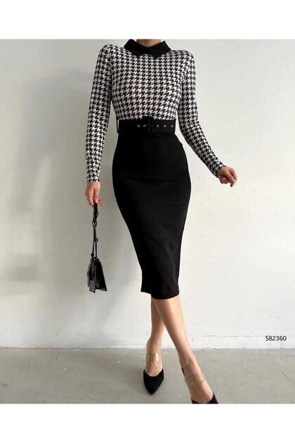 Women's Houndstooth Patterned Shirt Collar Detail Belted Crepe Fabric Pencil Dress