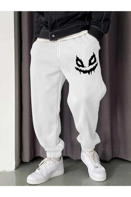 Smile Printed White 3 Thread Thick Sweatpants