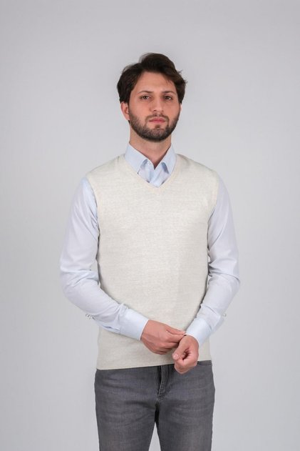 Men's Knitwear Sweater V-Neck Bone Color Winter Woven Regular Fit