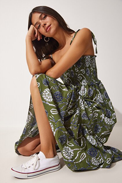 Happiness stanbul Women's Green Floral Strappy Summer Viscose Dress MX00092- Trendyol Happiness stanbul Women's Green Floral Strappy Summer Viscose Dress MX00092- Trendyol