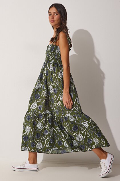 green bridal party dresses Strappy Back Printed Maxi