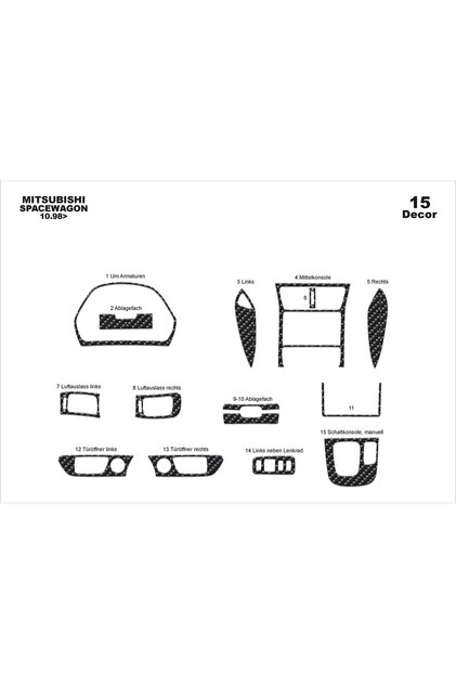 Meric® Mitsubishi Spacewagon Front Torpedo Covering Glossy Black 15 P. 1998-2004