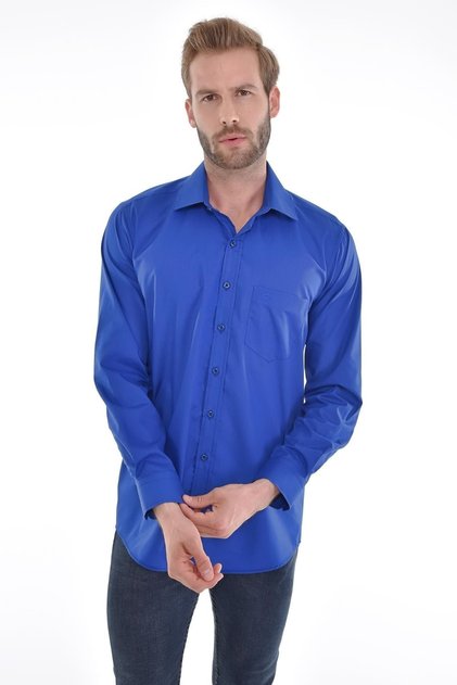 Classic Collar with Pockets Classic Cut Plain Parliament Blue Color Long Sleeve Men's Shirt