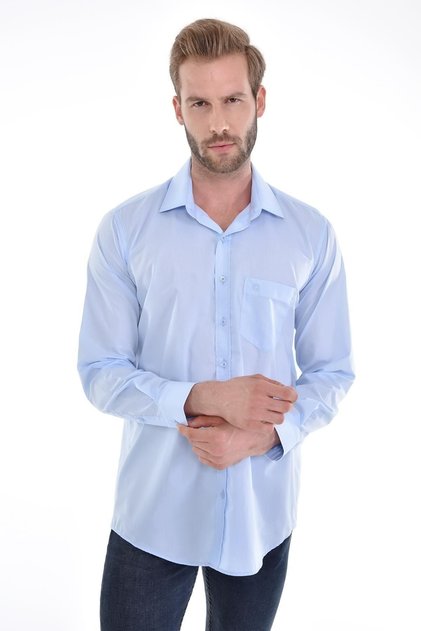 Classic Collar with Pockets Classic Cut Plain Ice Blue Color Long Sleeve Men's Shirt
