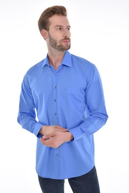Classic Collar Classic Cut Plain Blue Color Long Sleeve Men's Shirt with Pockets