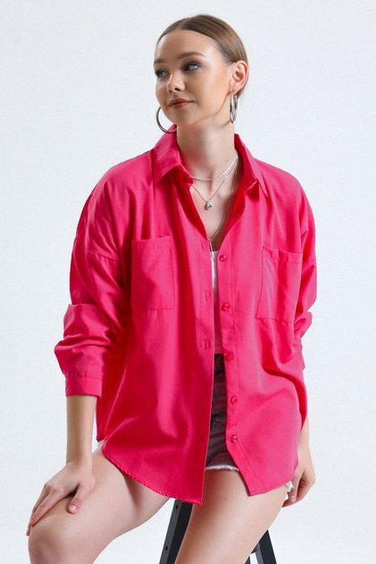 Women's Fuchsia Pocket Oversize Long Basic Poplin Shirt