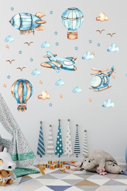 - Aircraft Plane Zeppelin Helicopter Kids Room Wall Sticker Set - Sim738