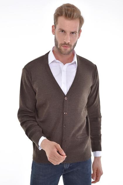 Men's Knitwear Brown Cardigan Buttoned Pocket Detailed Woven Steel Knit