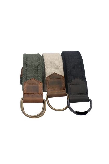 Unisex Leather Detailed 3-Piece Green Beige Cream Black D Buckle Woven Tactical Sport Canvas Denim Cloth Belt