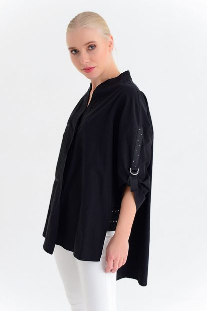 Lila Rose Kadın Siyah Gömlek Sağ Ön Dikdörtgen Şeritli 5807 LR-9YMDRGM5807 - 2