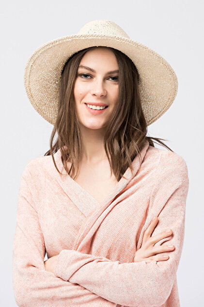 Y-London Kadın Bej Taş Boncuk İşlemeli Hasır Şapka NW-10323 - 2