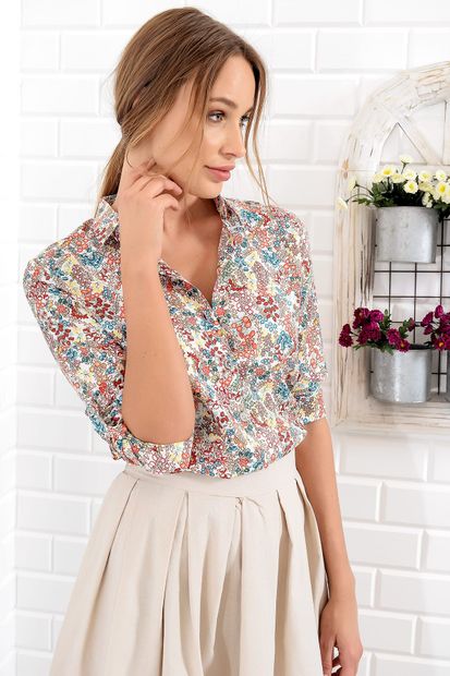 Trend Alaçatı Stili Kadın Multi Çiçekli Dokuma Gömlek ALC-5554 - 4