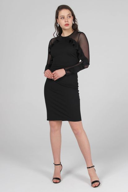 Ekol Kadın Siyah Kolları Tül Fırfır Detaylı Elbise 19Y.EKL.ELB.04022.1 - 1