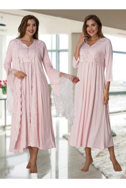 Effortt Women's Pink Special Design Maternity Nightgown Set with Dressing Gown 3010