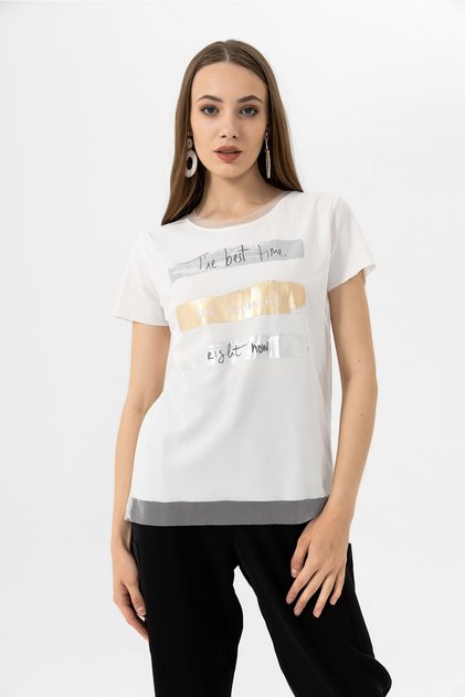 Women's White Printed Crew Neck Crepe T-Shirt