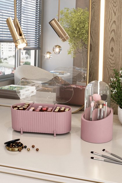 Aqua Makeup Cosmetics and Brush Holder Organizer Set of 2 Dried Rose