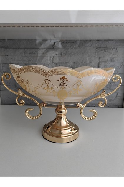 Lüks Varak Kondol Meyvelik Cam Gövde Altın Metal Ayak 41x25cm Luxury Leaf Condole Fruit Bowl