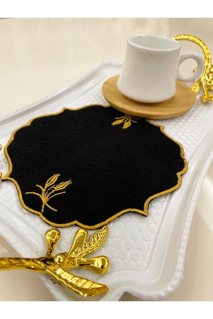 6 Pieces Tulip Embroidered Gold Color Felt Presentation Napkin & Coaster