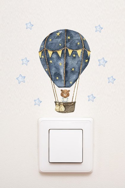 Priz- Ayıcıklı Uçan Balon Ve Yıldızlar Dekoratif Priz Sticker - Sim719