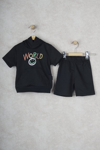 World Smiling Face Hooded Kids' Double Set with Kangaroo Pocket Shorts