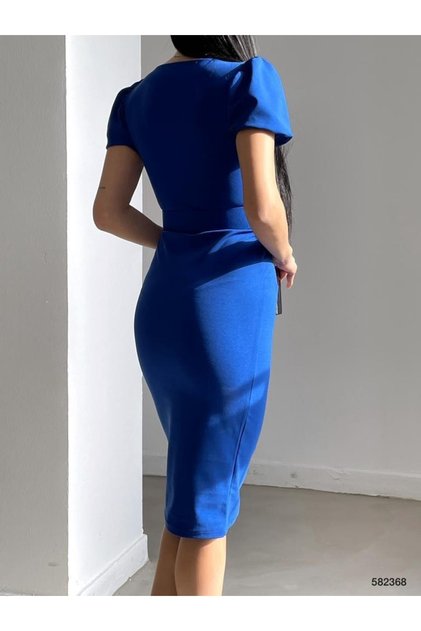 Women's Double-breasted U-neck Short Balloon Sleeve Belted Crepe Fabric Midi Length Dress