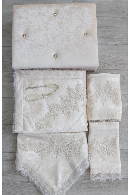 Prayer Rug Set with Storage Dowry 6-Piece Bridal Set Velvet - Gold