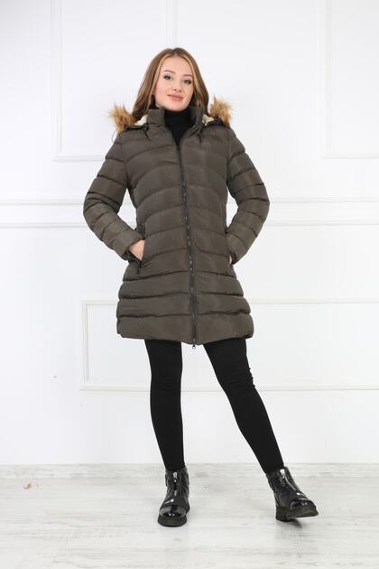 Women's Khaki Colored Removable Hooded and Fur Puffer Coat