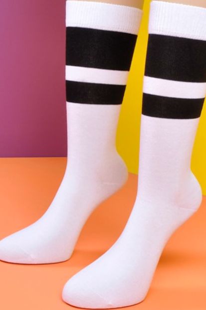 Socks Academy Kalın ve İnce Siyah Çizgili Beyaz Çorap - 2