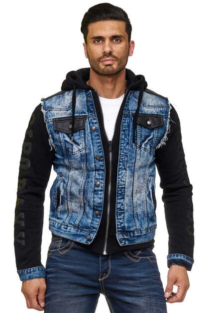 Cj154 Kolları Penye Kapşonlu Erkek Mavi Denim Ceket
