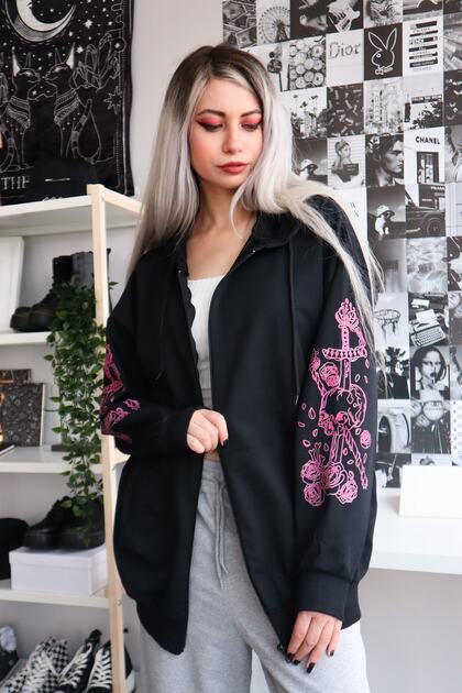 Black Harajuku Kawaii Pastel Gothic Zipper Hooded Cardigan