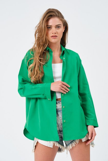 Kadın Yeşil Oversize Uzun Basic Gömlek