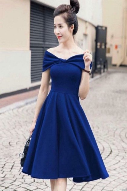 Stretch Fabric Madonna Collar Midi Length Shoulderless Flared Midi Dress Evening Dress 58928 671