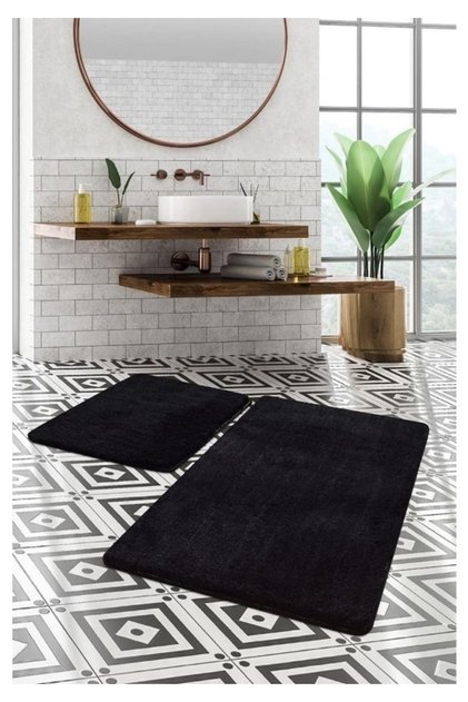Black Bath Mat Set Double Plush Carpet Non-Slip Base 50x90 cm + 50x60 cm
