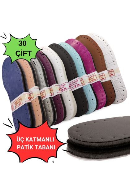 Ekopaket 30 Çift Karışık Renkli 3 Katmanlı Patik Tabanı - Deri EVA Keçe Hazır Tabanlık