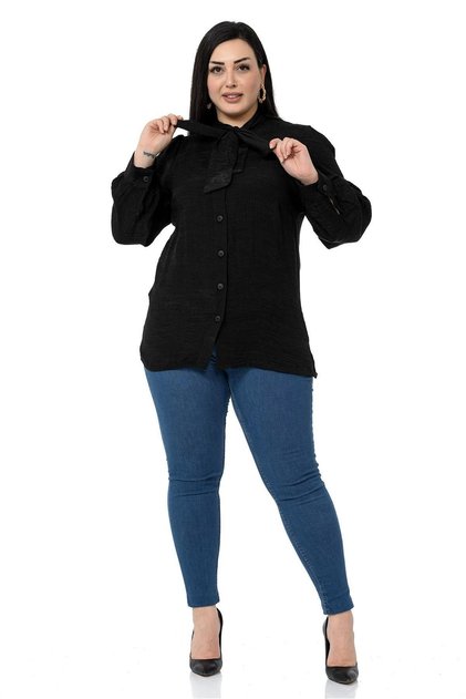 Plus Size Collar Tie Shoulder and Sleeve Gathered Black Shirt